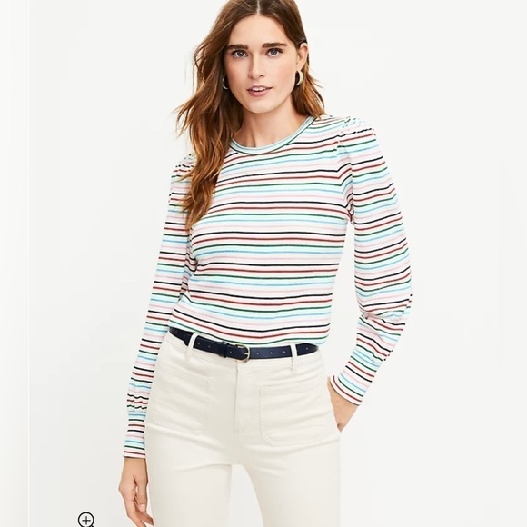 LOFT Tops - LOFT Petite Striped Puff Sleeve Sweatshirt